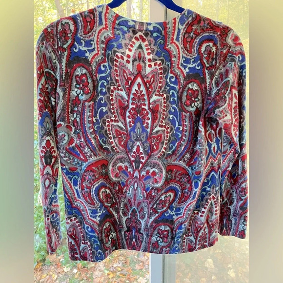 100% Merino wool paisley cardigan by Talbots blue pearl full button front. - Picture 4 of 6
